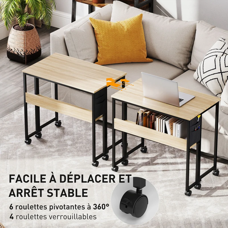 Bureau pliable gain de place 80 x 50 x 75 cm avec étagère et sac latéral roulettes freinables moderne épuré en MDF chêne 21_0002531
