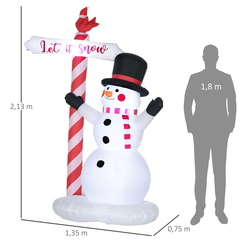 Bonhomme de neige gonflable extérieur 135 x 75 x 213 cm led blanches imperméable ip44 décoratif en polyester blanc 21_0003978