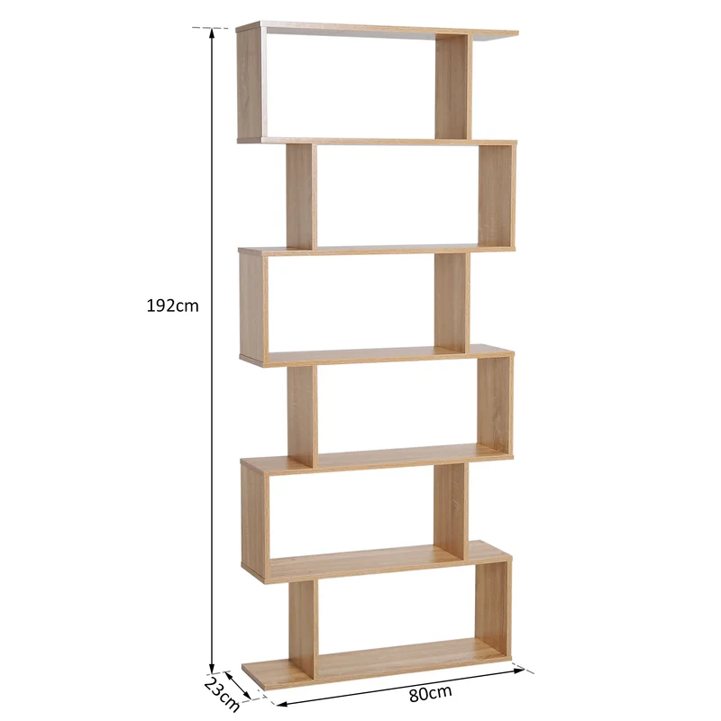 Bibliothèque étagère zigzag 80 x 23 x 192 cm 6 niveaux rangement contemporain en panneaux de particules chêne clair 21_0001715