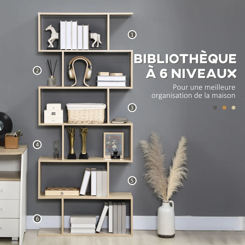 Bibliothèque étagère zigzag 80 x 23 x 192 cm 6 niveaux rangement contemporain en panneaux de particules chêne clair 21_0001715
