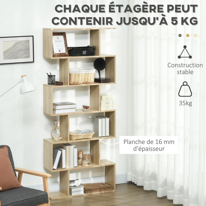 Bibliothèque étagère zigzag 80 x 23 x 192 cm 6 niveaux rangement contemporain en panneaux de particules chêne clair 21_0001715