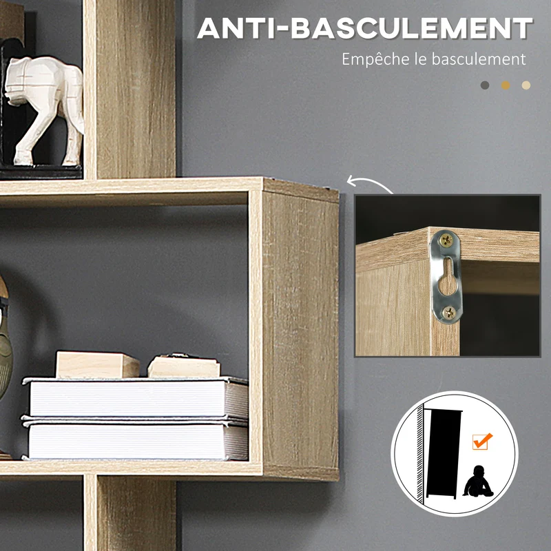 Bibliothèque étagère zigzag 80 x 23 x 192 cm 6 niveaux rangement contemporain en panneaux de particules chêne clair 21_0001715