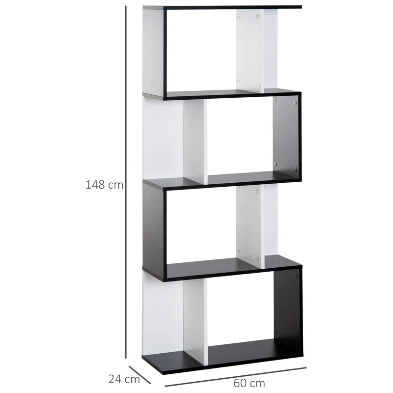 Bibliothèque en forme de s pour salon 60 x 24 x 148 cm 5 étagères rangement sûr moderne en panneau de particules noir 21_0001730