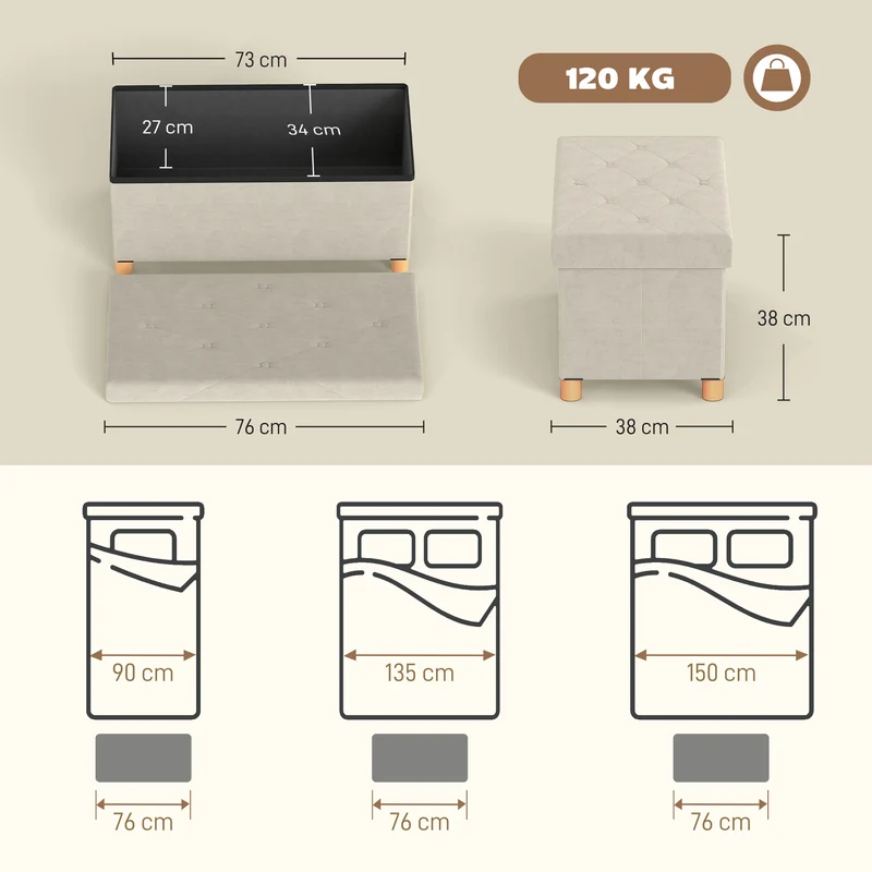 Banc de rangement bout de lit pliable 76 x 38 x 38 cm assise capitonnée 67 l très confortable moderne en velours crème 21_0002941