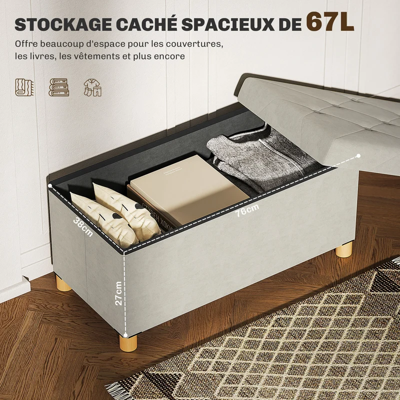 Banc de rangement bout de lit pliable 76 x 38 x 38 cm assise capitonnée 67 l très confortable moderne en velours crème 21_0002941