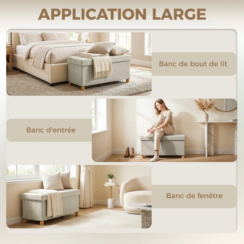 Banc de rangement bout de lit pliable 76 x 38 x 38 cm assise capitonnée 67 l très confortable moderne en velours crème 21_0002941
