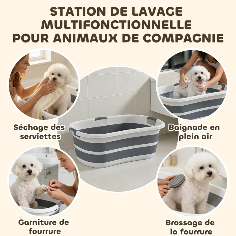 Baignoire pour chien pliable pour bain intérieur jardin 66 x 44 x 98,5 cm bouchon vidange capacité 27 L épuré en PP gris 21_0007278