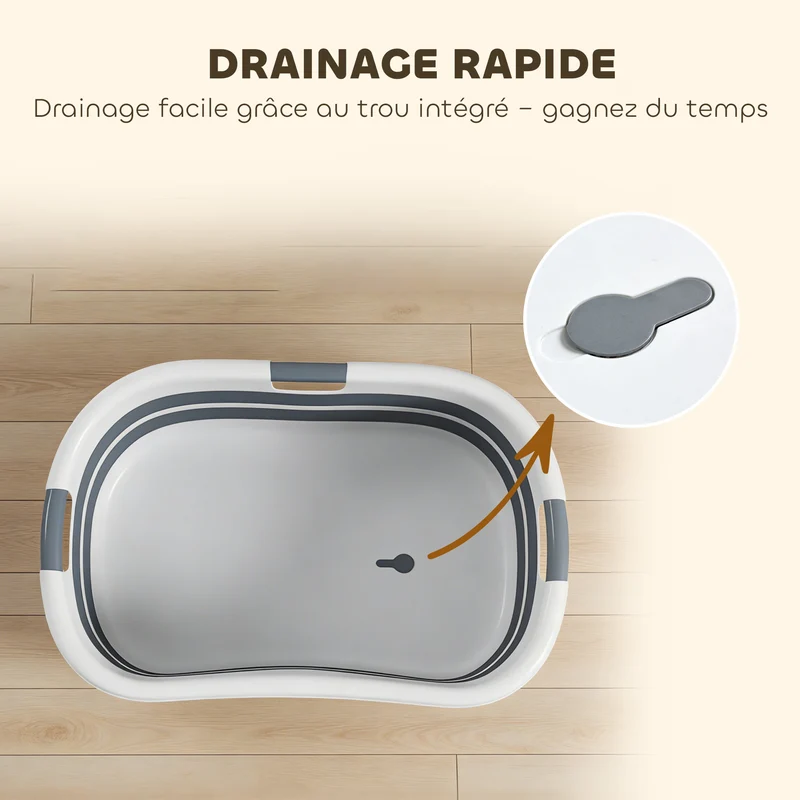 Baignoire pour chien pliable pour bain intérieur jardin 66 x 44 x 98,5 cm bouchon vidange capacité 27 L épuré en PP gris 21_0007278
