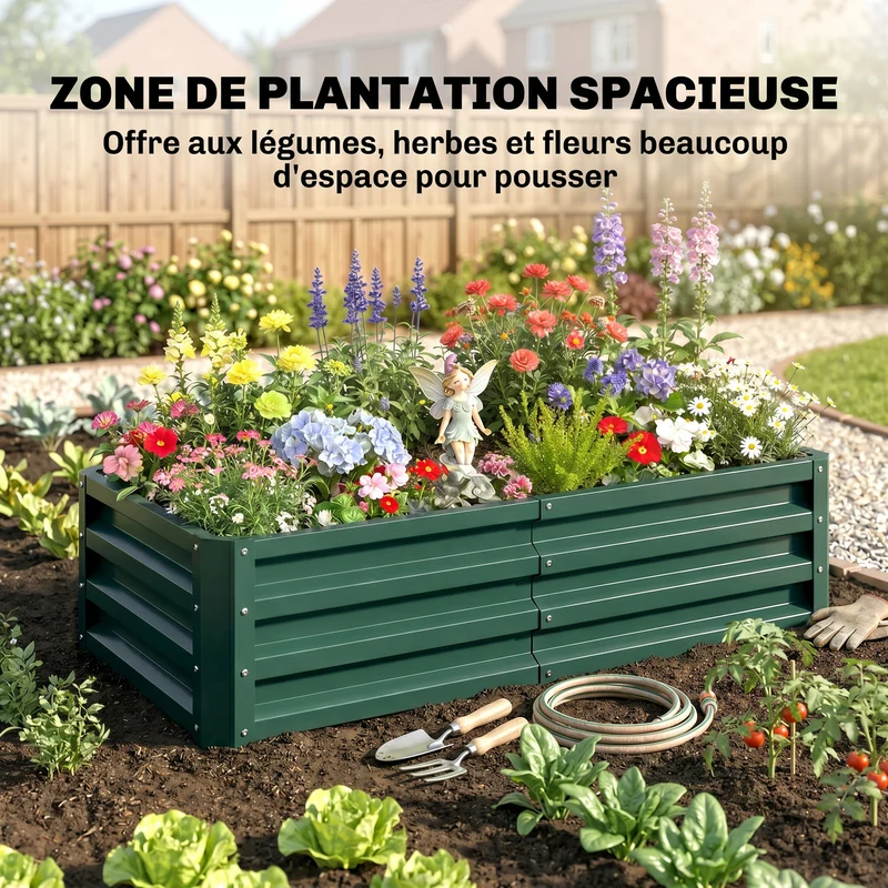 Bac potager jardin 120 x 60 x 30,5 cm robuste retient la chaleur industriel contemporain en acier galvanisé vert foncé 21_0004040