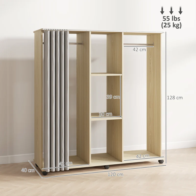 Armoire penderie mobile chambre 120 x 40 x 128 cm grand volume 6 roulettes épuré en panneau de particules bois naturel 21_0001428