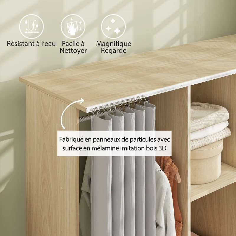 Armoire penderie mobile chambre 120 x 40 x 128 cm grand volume 6 roulettes épuré en panneau de particules bois naturel 21_0001428