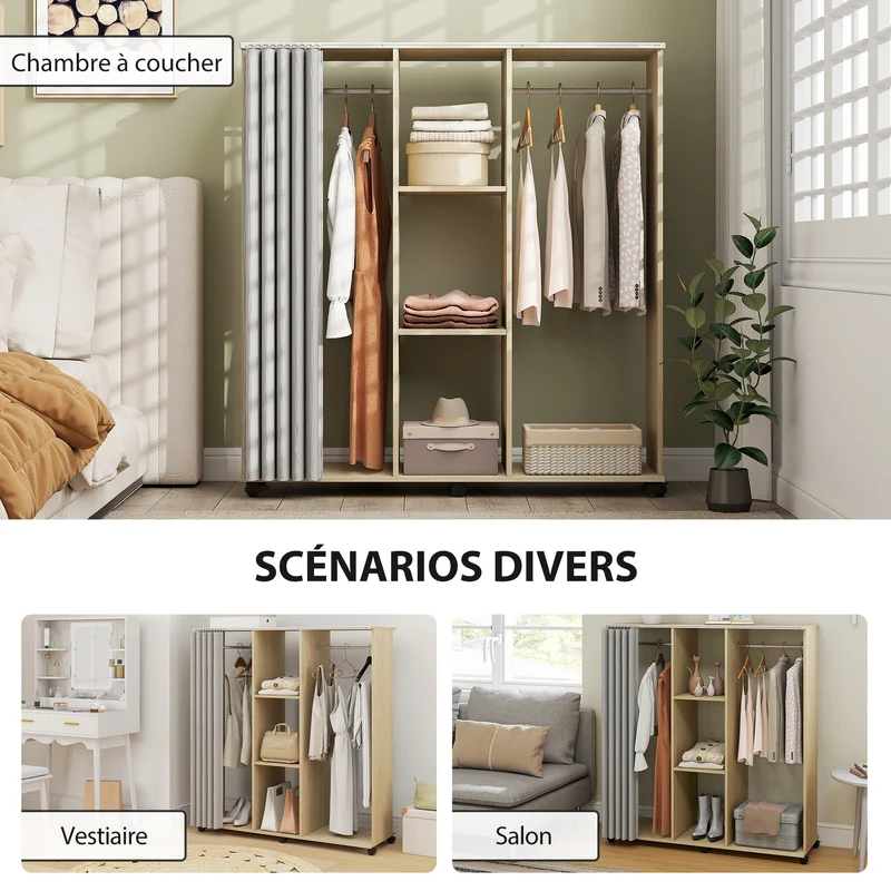 Armoire penderie mobile chambre 120 x 40 x 128 cm grand volume 6 roulettes épuré en panneau de particules bois naturel 21_0001428