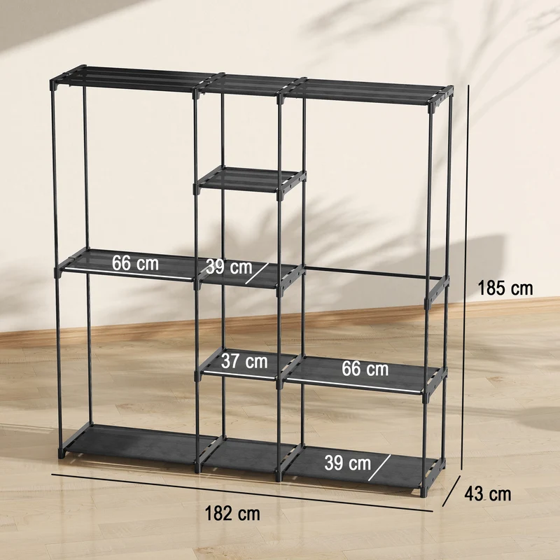 Armoire de rangement penderie 182 x 43 x 185 cm avec 8 étagères et 3 tringles contemporain épuré salon en tissu noir 21_0005891