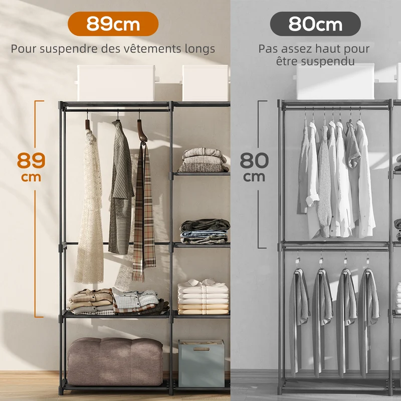 Armoire de rangement penderie 182 x 43 x 185 cm avec 8 étagères et 3 tringles contemporain épuré salon en tissu noir 21_0005891