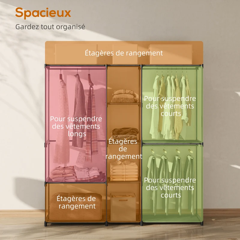 Armoire de rangement penderie 182 x 43 x 185 cm avec 8 étagères et 3 tringles contemporain épuré salon en tissu noir 21_0005891