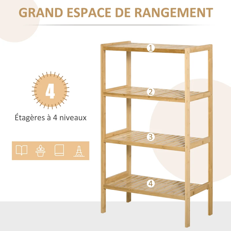 Étagère de rangement 4 niveaux pour salon 62 x 33 x 112 cm anti-basculement ventilée moderne en bambou bois naturel 21_0002867