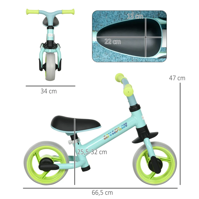 Vélo d'équilibre pour bébé 66.5 x 34 x 47 cm siège réglable assise rembourrée roues eva increvables épuré en acier vert 21_0000538
