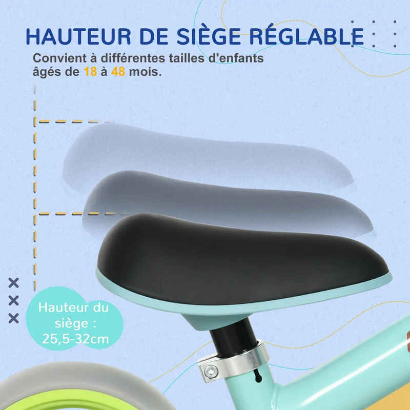 Vélo d'équilibre pour bébé 66.5 x 34 x 47 cm siège réglable assise rembourrée roues eva increvables épuré en acier vert 21_0000538
