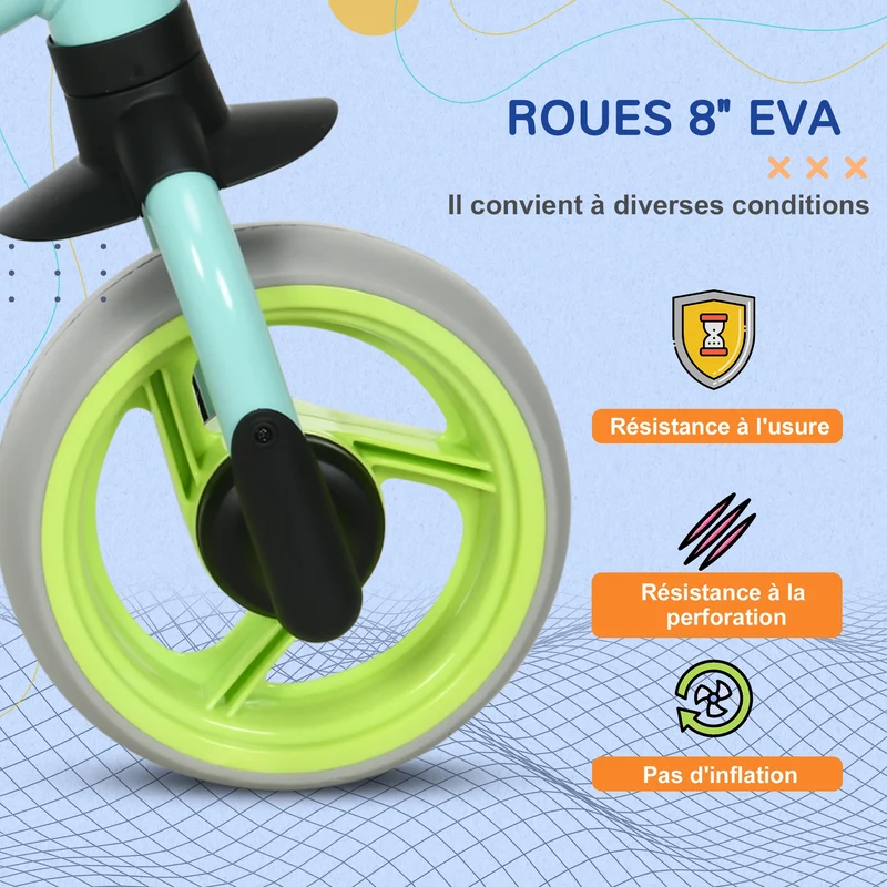Vélo d'équilibre pour bébé 66.5 x 34 x 47 cm siège réglable assise rembourrée roues eva increvables épuré en acier vert 21_0000538