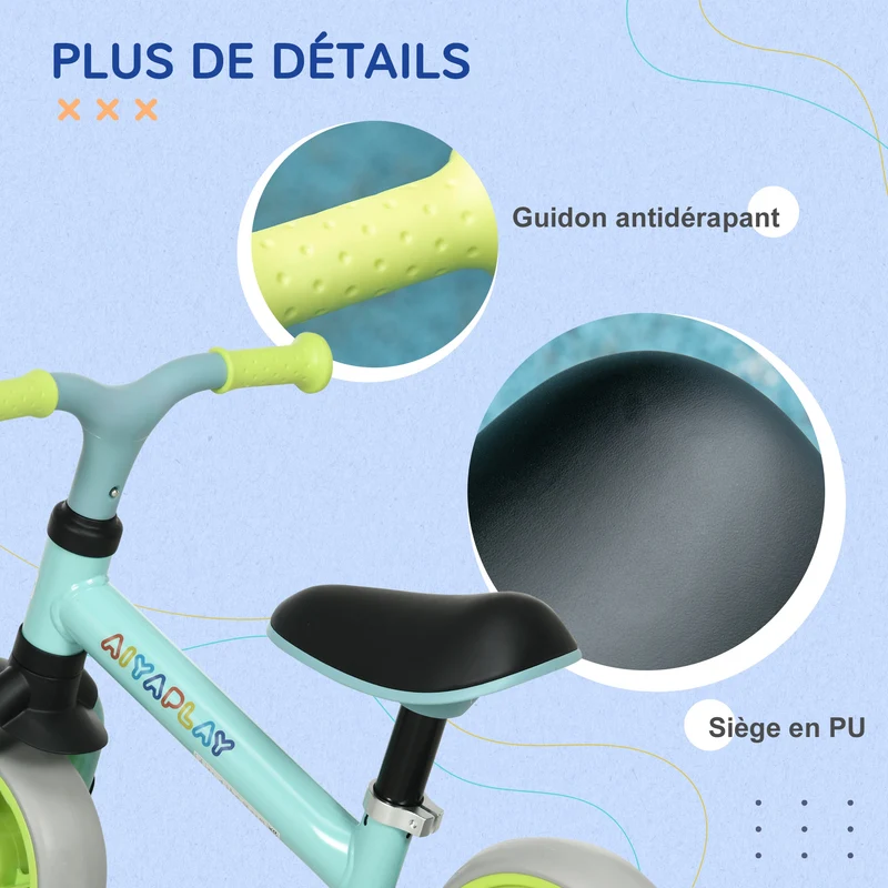 Vélo d'équilibre pour bébé 66.5 x 34 x 47 cm siège réglable assise rembourrée roues eva increvables épuré en acier vert 21_0000538