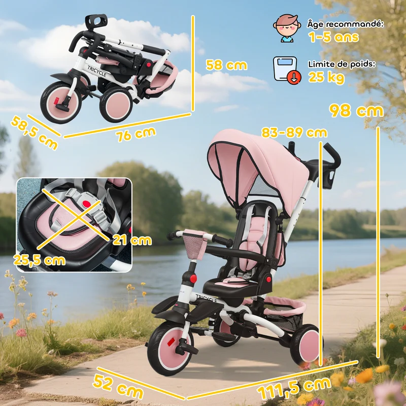 Tricycle évolutif 6 en 1 poussette convertible 111,5 x 52 x 98 cm siège pivotant 360° pliable moderne en acier rose 21_0000631