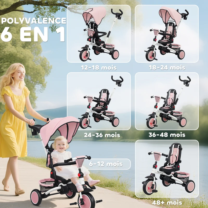 Tricycle évolutif 6 en 1 poussette convertible 111,5 x 52 x 98 cm siège pivotant 360° pliable moderne en acier rose 21_0000631