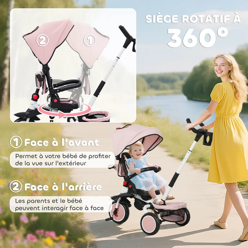 Tricycle évolutif 6 en 1 poussette convertible 111,5 x 52 x 98 cm siège pivotant 360° pliable moderne en acier rose 21_0000631