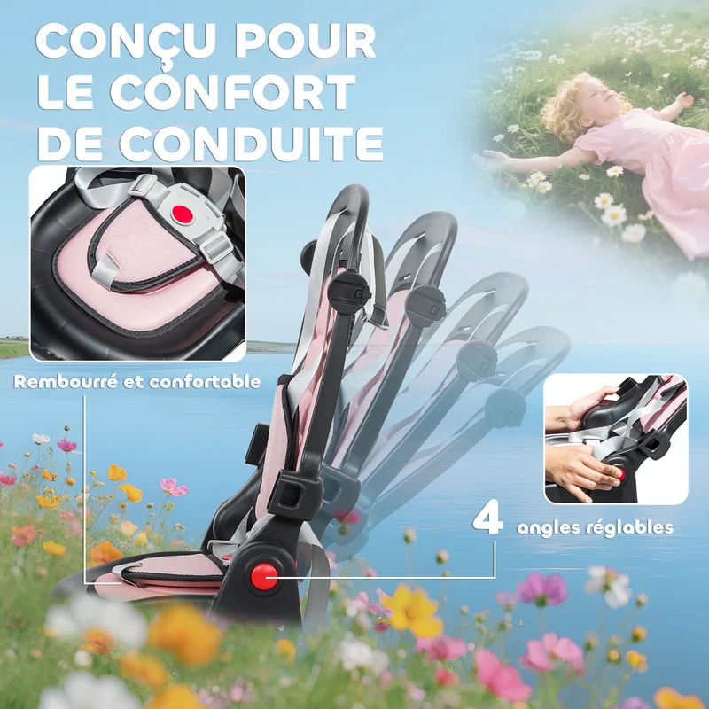 Tricycle évolutif 6 en 1 poussette convertible 111,5 x 52 x 98 cm siège pivotant 360° pliable moderne en acier rose 21_0000631