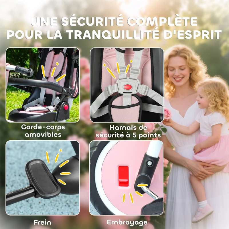 Tricycle évolutif 6 en 1 poussette convertible 111,5 x 52 x 98 cm siège pivotant 360° pliable moderne en acier rose 21_0000631