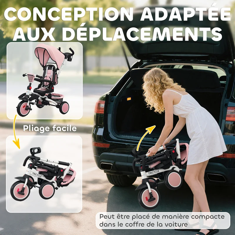 Tricycle évolutif 6 en 1 poussette convertible 111,5 x 52 x 98 cm siège pivotant 360° pliable moderne en acier rose 21_0000631