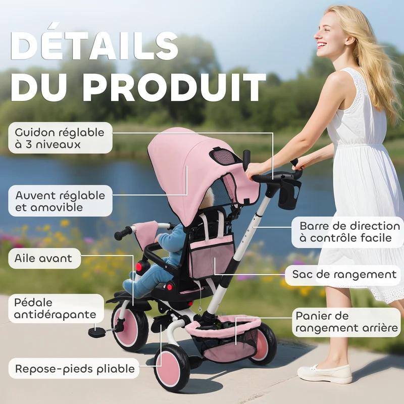 Tricycle évolutif 6 en 1 poussette convertible 111,5 x 52 x 98 cm siège pivotant 360° pliable moderne en acier rose 21_0000631