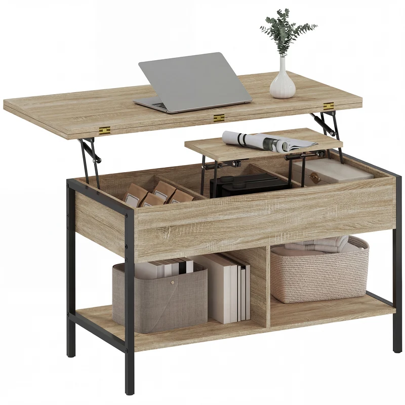 Table basse relevable extensible 98 x 49 x 55 cm rangement caché plateaux doubles gain de place design en bois naturel 21_0003595