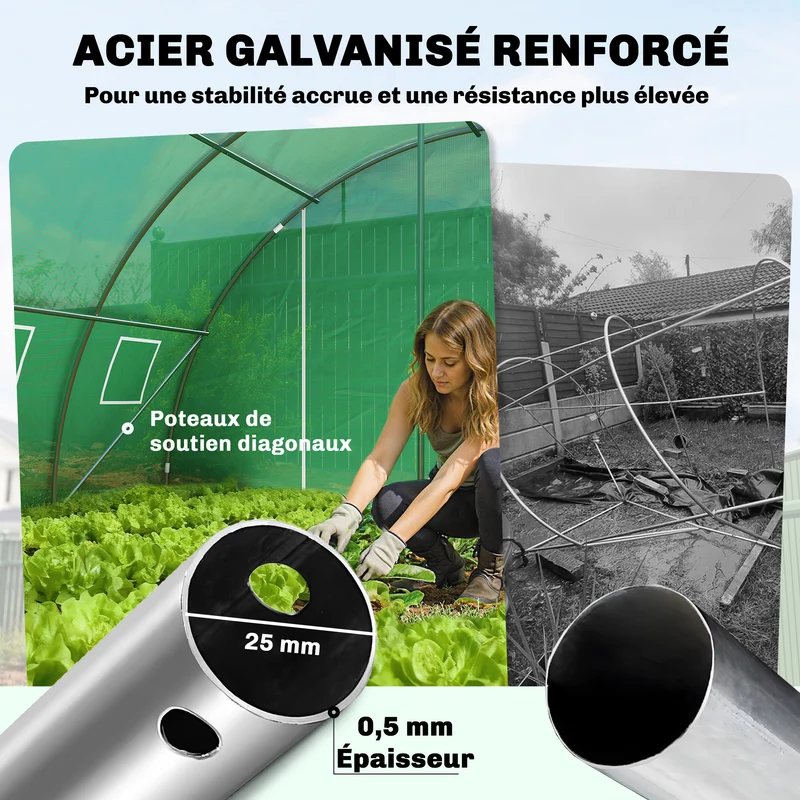 Serre tunnel maraîchère 395 x 595 x 199 cm stabilité renforcée portes enroulables contemporain en acier galvanisé vert 21_0005649