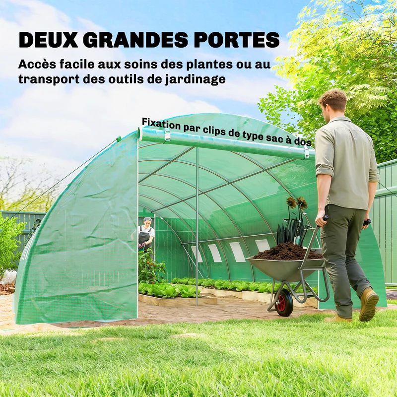 Serre tunnel maraîchère 395 x 595 x 199 cm stabilité renforcée portes enroulables contemporain en acier galvanisé vert 21_0005649