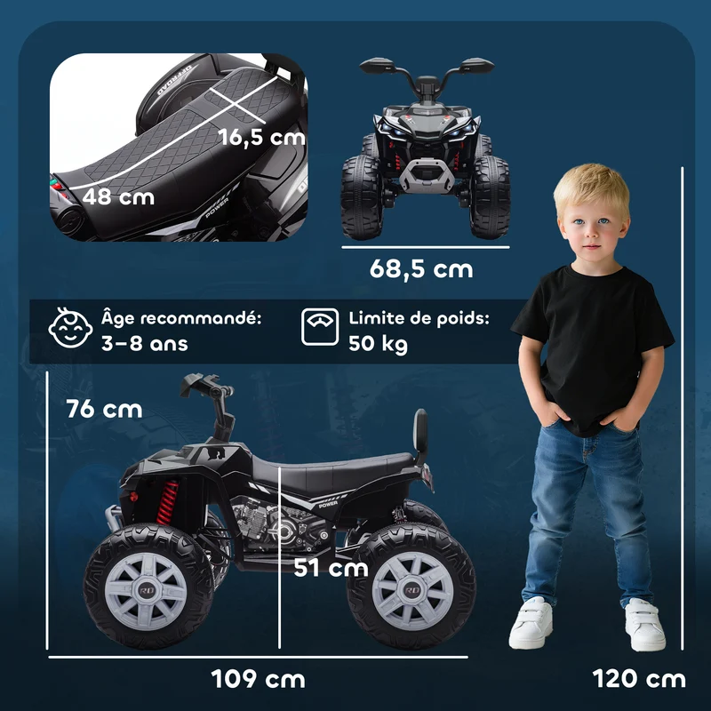 Quad électrique enfant biplace 109 x 68,5 x 76 cm double moteur 24 v autonomie 70 min moderne tendance en plastique noir 21_0000633