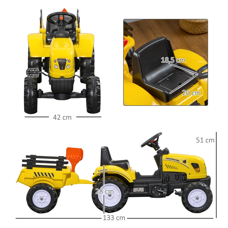 Porteur tracteur à pédales remorque pelle râteau 133 x 42 x 51 cm aide jardinage confortable classique en plastique jaune 21_0000328