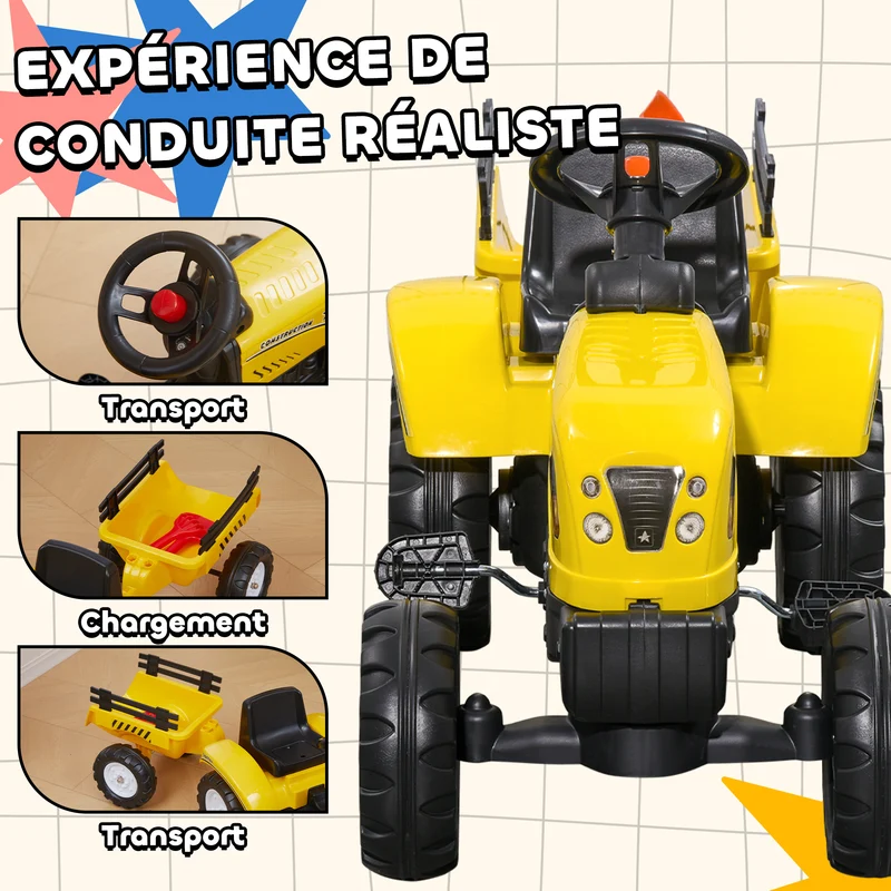Porteur tracteur à pédales remorque pelle râteau 133 x 42 x 51 cm aide jardinage confortable classique en plastique jaune 21_0000328