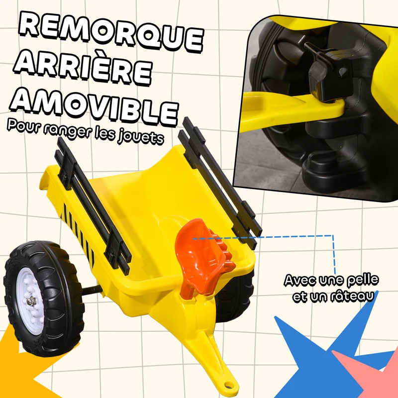 Porteur tracteur à pédales remorque pelle râteau 133 x 42 x 51 cm aide jardinage confortable classique en plastique jaune 21_0000328