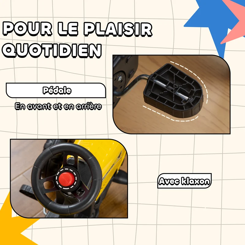 Porteur tracteur à pédales remorque pelle râteau 133 x 42 x 51 cm aide jardinage confortable classique en plastique jaune 21_0000328