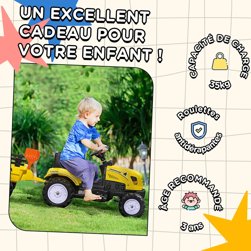 Porteur tracteur à pédales remorque pelle râteau 133 x 42 x 51 cm aide jardinage confortable classique en plastique jaune 21_0000328