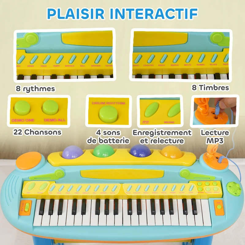 Piano enfant électronique 58,5 x 25 x 63 cm enregistrement lumières led design moderne chambre ambiance cosy en abs bleu 21_0000697
