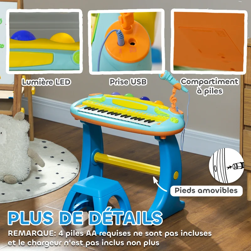 Piano enfant électronique 58,5 x 25 x 63 cm enregistrement lumières led design moderne chambre ambiance cosy en abs bleu 21_0000697