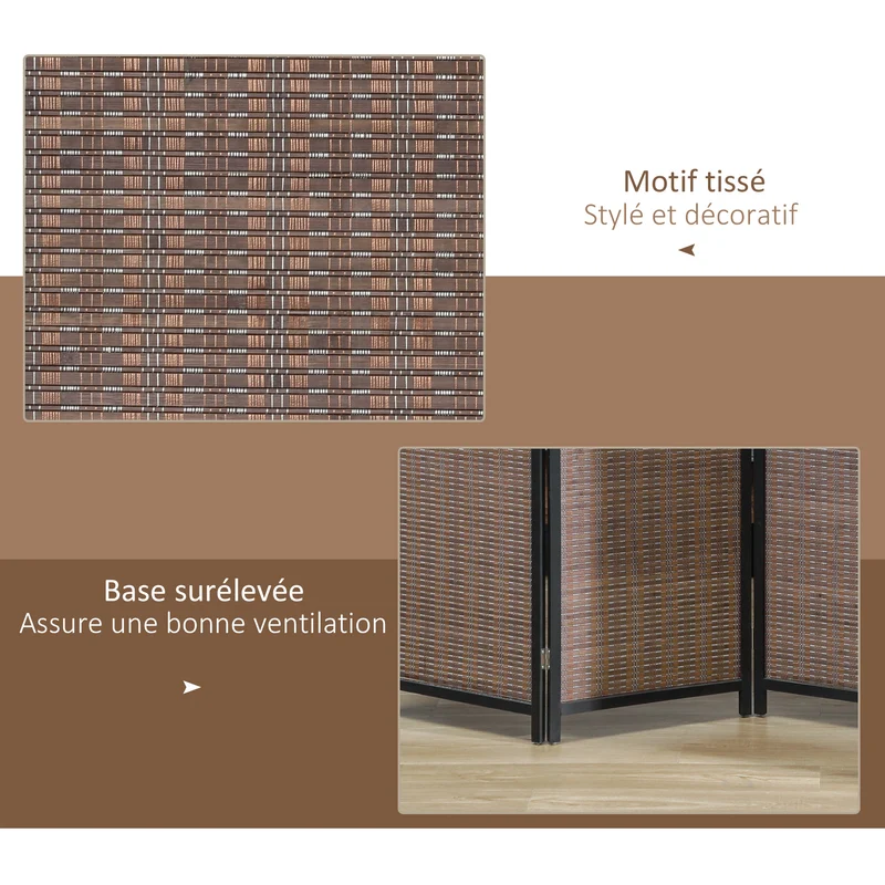 Paravent séparateur pièce pliable 4 panneaux tressés de 180 x 180 cm intimité modulable style naturel en bambou marron 21_0001264