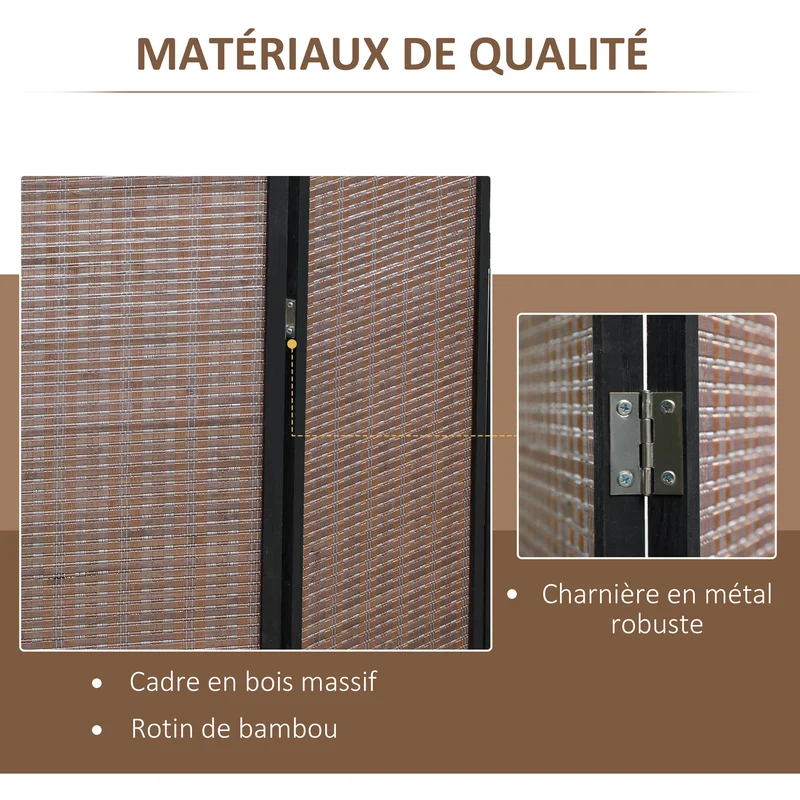 Paravent séparateur pièce pliable 4 panneaux tressés de 180 x 180 cm intimité modulable style naturel en bambou marron 21_0001264