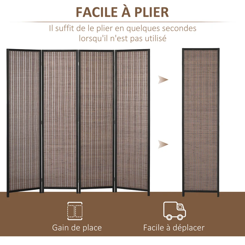 Paravent séparateur pièce pliable 4 panneaux tressés de 180 x 180 cm intimité modulable style naturel en bambou marron 21_0001264