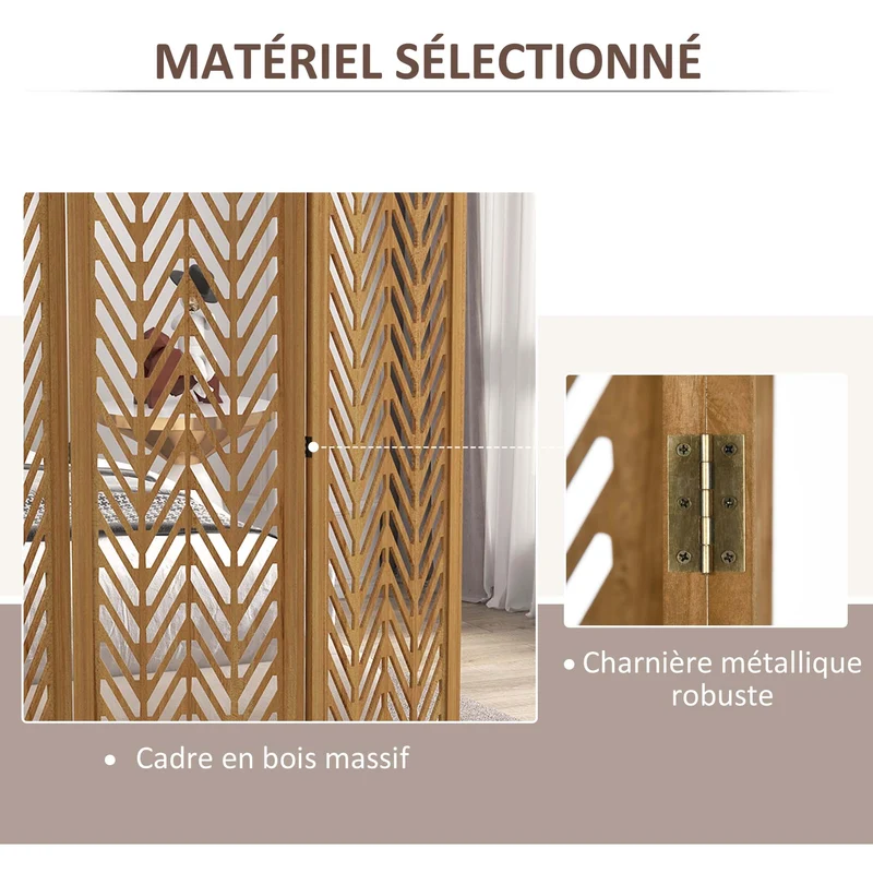 Paravent séparateur de pièce pliable 4 panneaux 160 x 170 x 1.7 cm ajouré autoportant épuré moderne salon en bois marron 21_0001294
