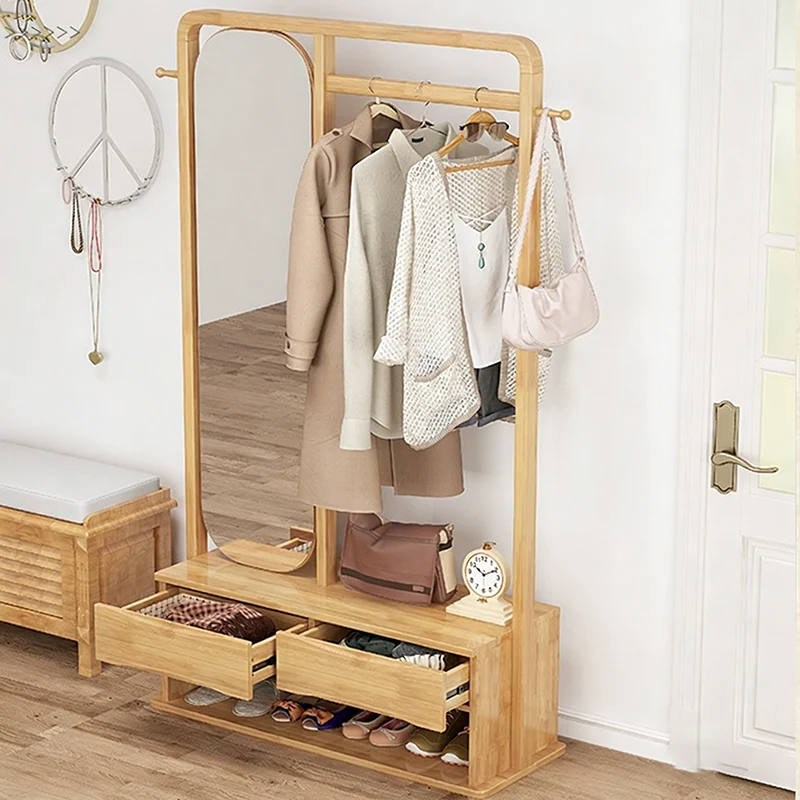 Modern Minimalist Solid Wood & Plywood Freestanding Hall Tree Coat Rack With Rotating Full-Length Mirror And 2 Drawers For Bedroom