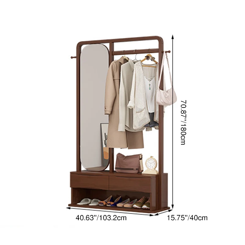 Modern Minimalist Solid Wood & Plywood Freestanding Hall Tree Coat Rack With Rotating Full-Length Mirror And 2 Drawers For Bedroom