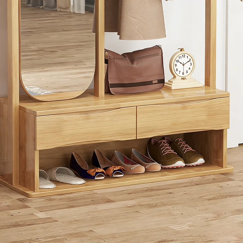 Modern Minimalist Solid Wood & Plywood Freestanding Hall Tree Coat Rack With Rotating Full-Length Mirror And 2 Drawers For Bedroom