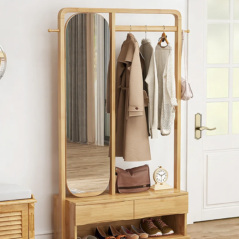 Modern Minimalist Solid Wood & Plywood Freestanding Hall Tree Coat Rack With Rotating Full-Length Mirror And 2 Drawers For Bedroom